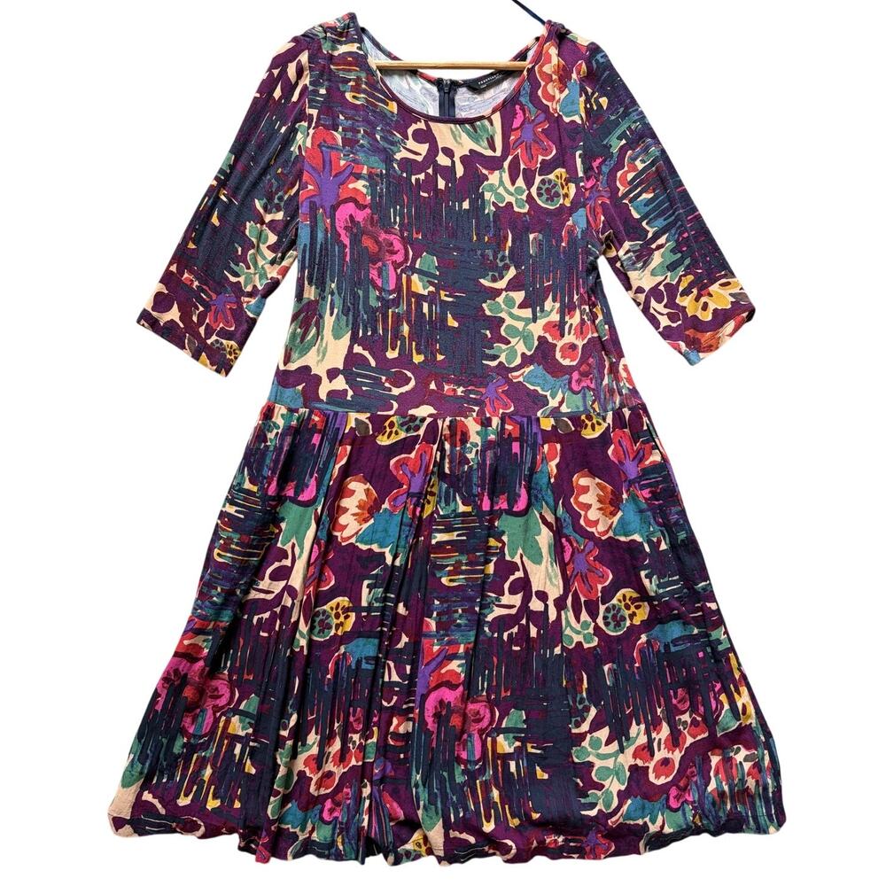 Peruvian Connection Floral Knee-length Dress Size XL Pleated Skirt 3/4 Sleeves